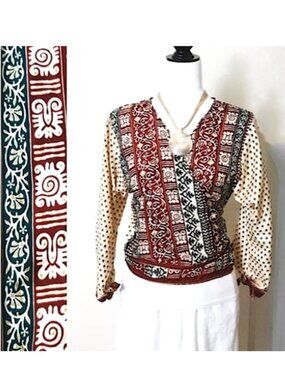CAT 100% India Silk Kimono Wrap Tie Red Green Beige Geo Print L-Sleeve V-Neck